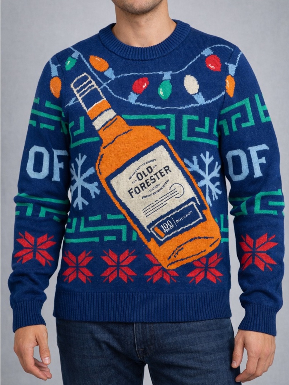 Old Forester Bourbon Festive Blue Crewneck‎ Christmas Sweater Size M